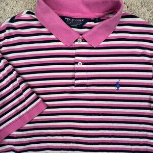 Polo Golf Ralph Lauren Polo Shirt Large Pink White Blue Striped Cotton Pro Fit